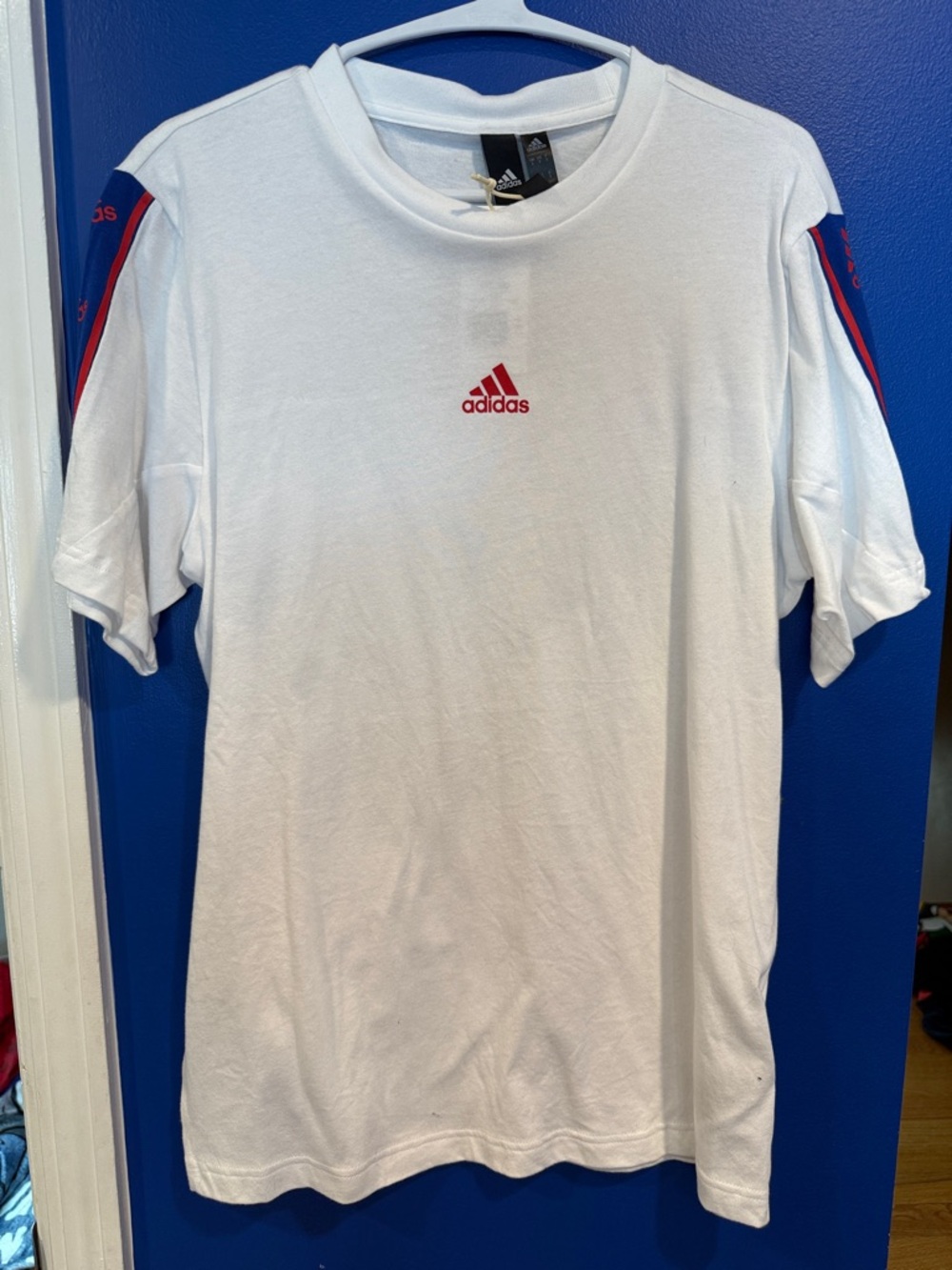 adidas White Short Sleeve Tee with Red Logo and Blue Trim